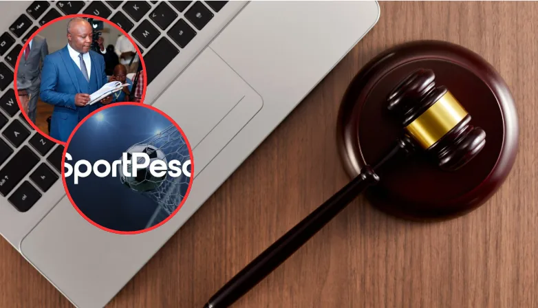 SportPesa branding alongside a judge's gavel representing a court dispute over a Sh109 million jackpot claim.