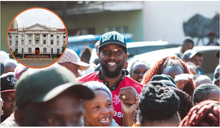Captain Ronald Karauri addressing the public as Nairobi City Hall and the capital's streets appear in the background.