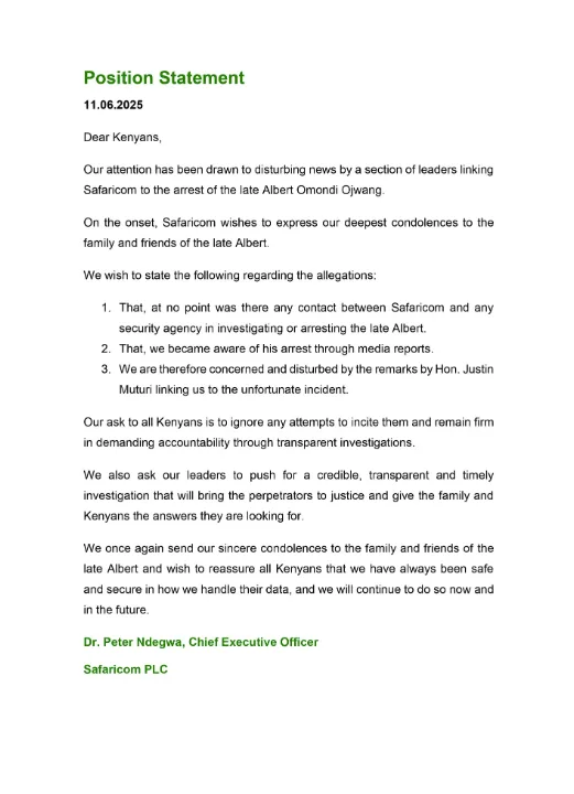 Safaricom denies involvement in Albert Ojwang’s arrest