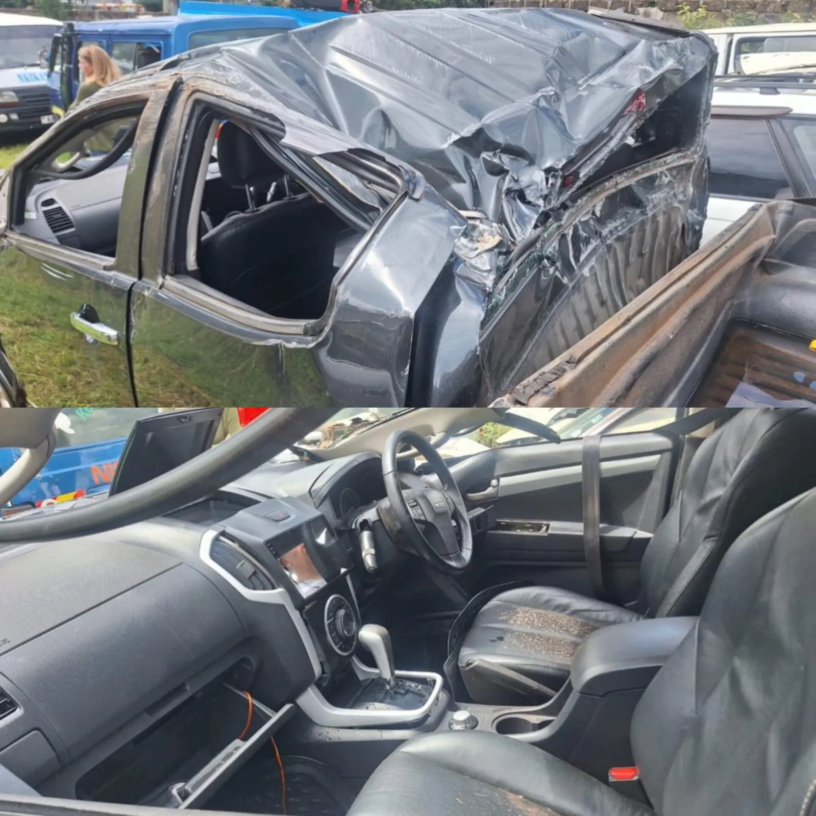 The Isuzu double cabin pickup registration KCQ 222X, which overturned multiple times along Ngong Road in Nairobi during the fatal crash involving two Ugandan students.
