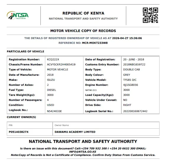 NTSA vehicle records dated 27 April 2026 confirm that registration number KCQ222X, the double cab involved in the fatal crash, is owned by Dawamu Academy Limited.