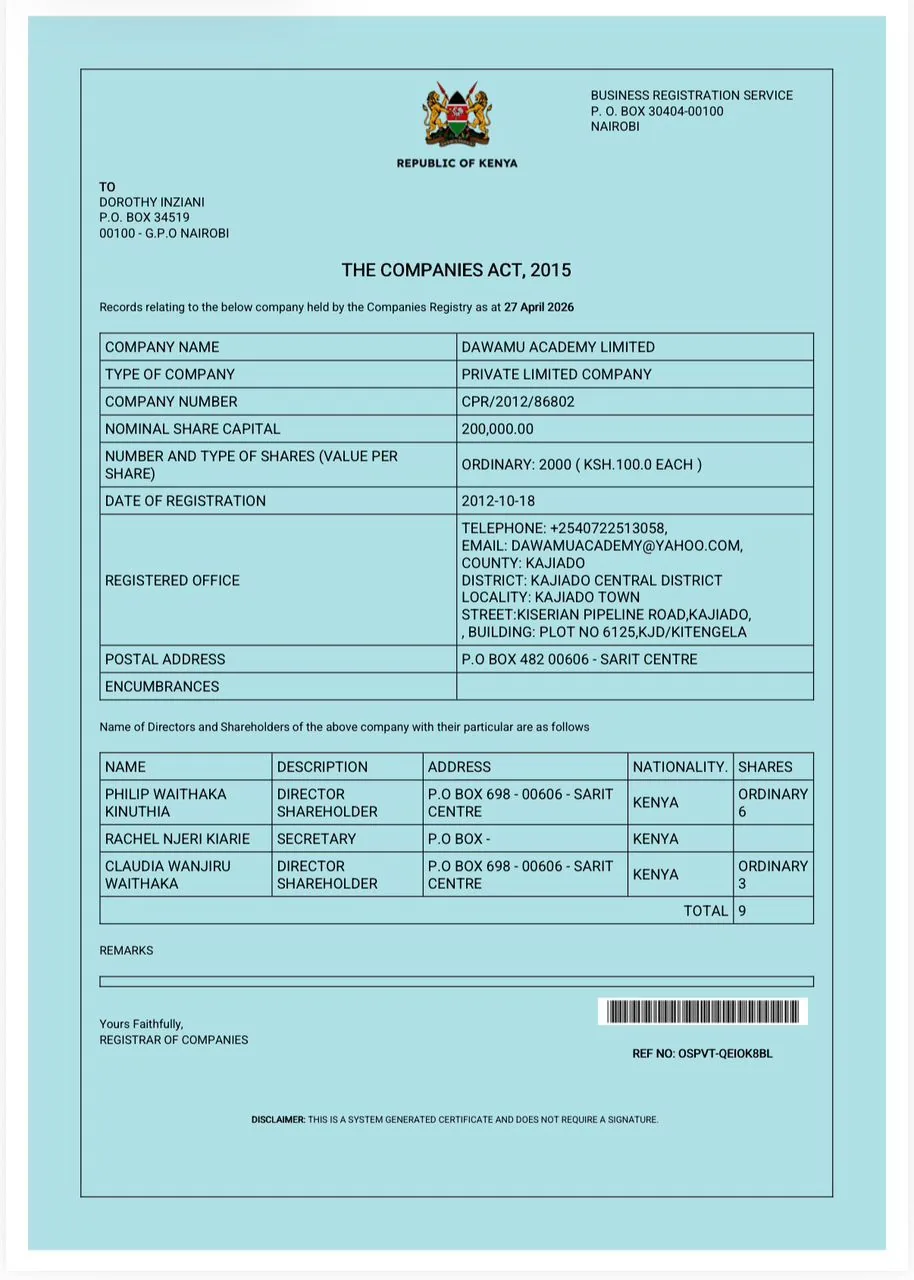 A Business Registration Service extract dated 27 April 2026 shows Dawamu Academy Limited with Philip Waithaka Kinuthia listed as a director and majority shareholder.